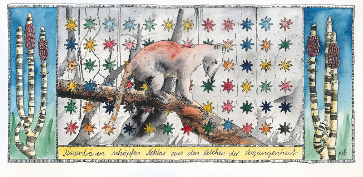 Nasenbären schöpfen Nektar – Jan Borchert, Aquarell - Katzenfabrik.com